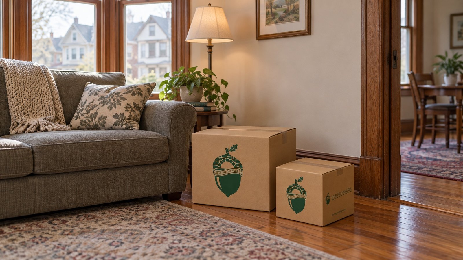 Two closed kraft moving cartons beside a sofa in an older room with wood trim