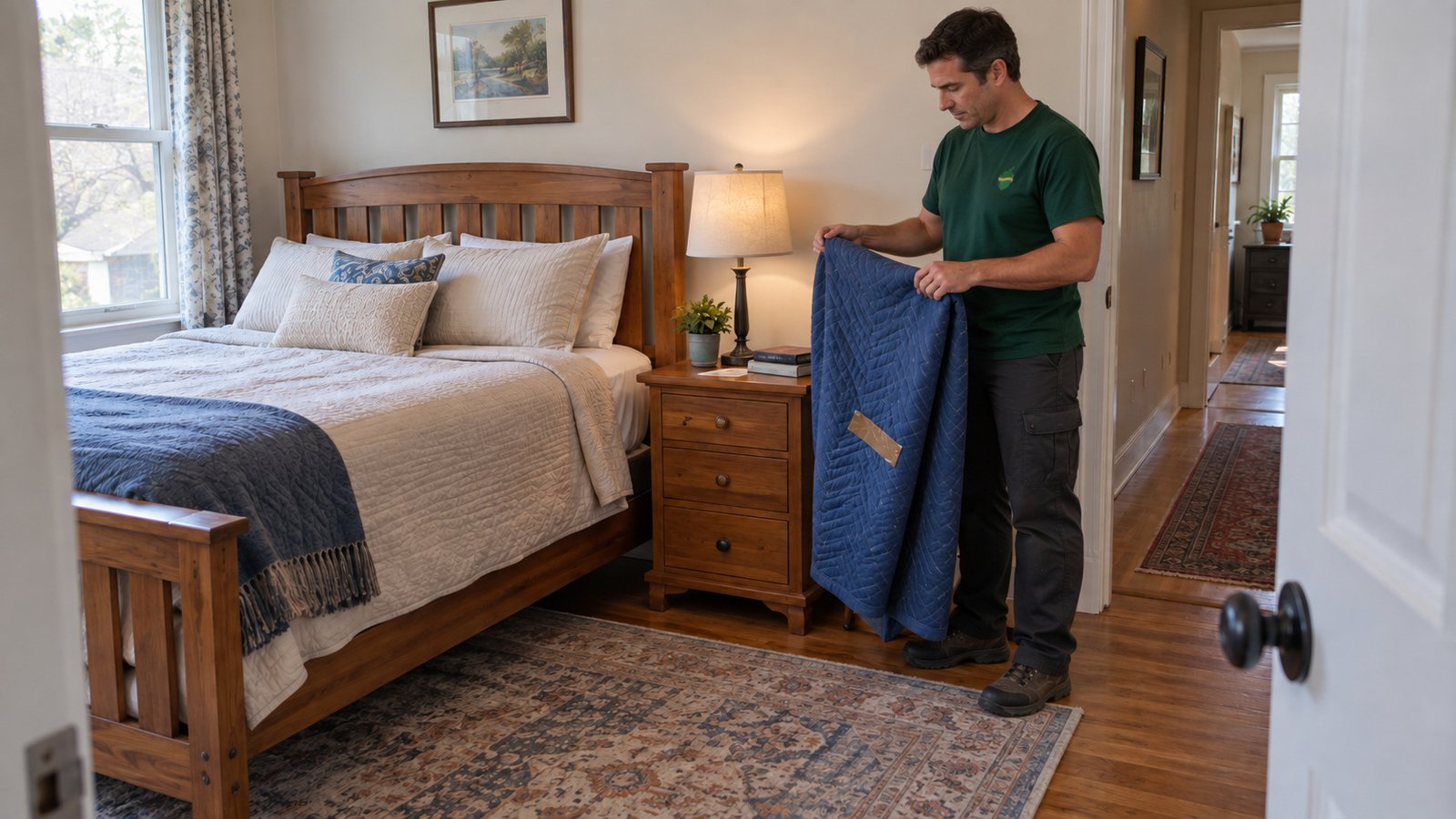 A male mover folds a blue protective pad beside a wooden bedside chest already placed in a furnished bedroom.