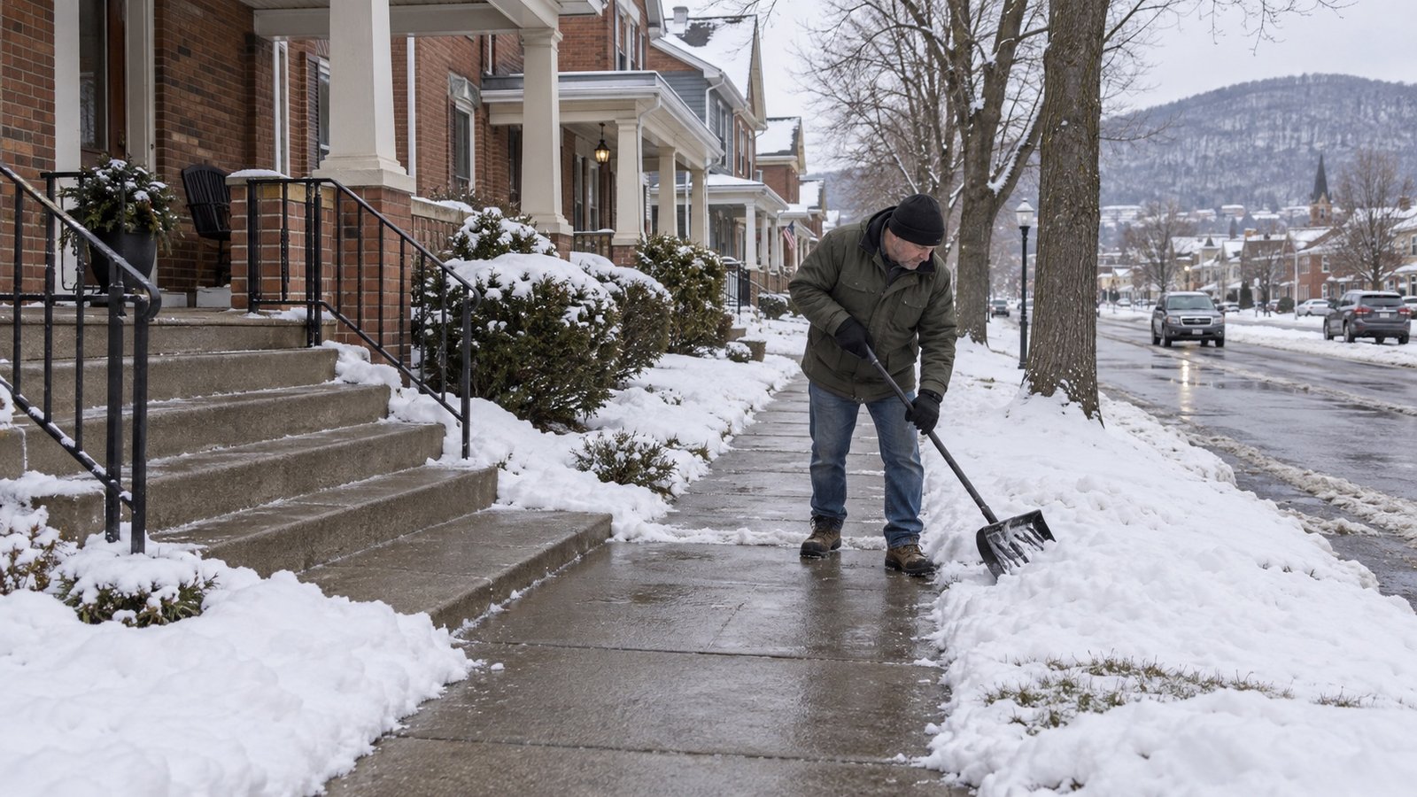 Resident shoveling snow beside a cleared sidewalk and porch steps