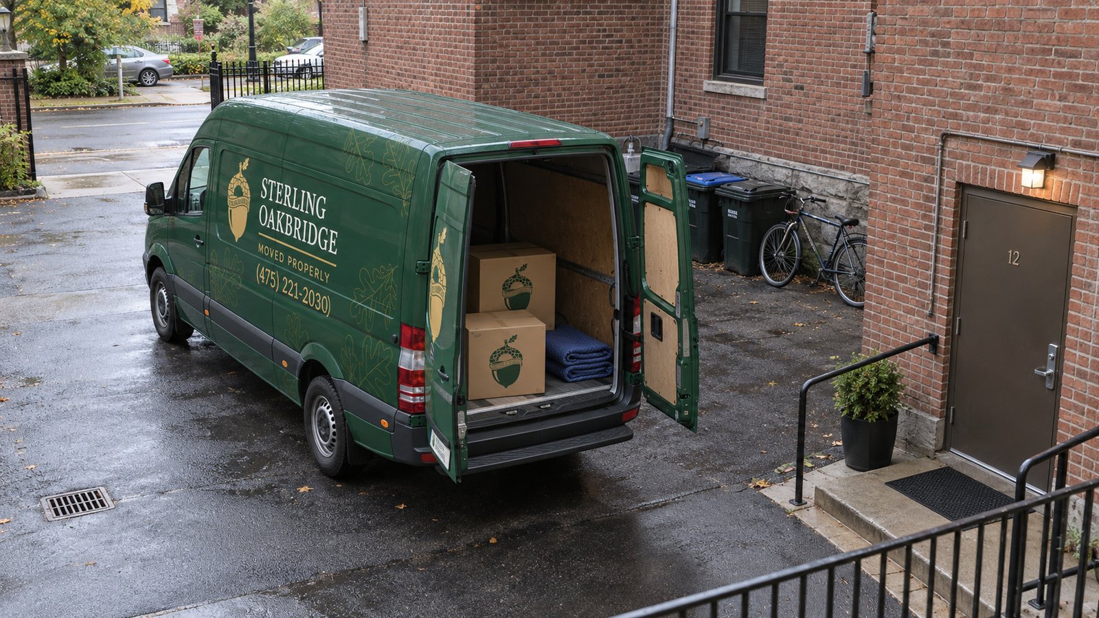 Green Sterling Oakbridge Sprinter with both rear doors open, branded cartons and folded pads in a brick courtyard beside an entrance