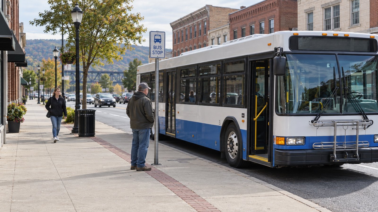 People near a sidewalk bus stop and the open passenger door of a white and blue bus