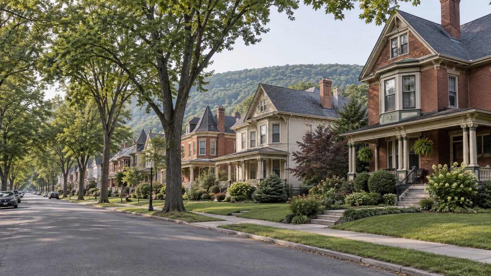 Tree-lined residential street with brick and wood-sided houses, covered porches and wooded hills beyond