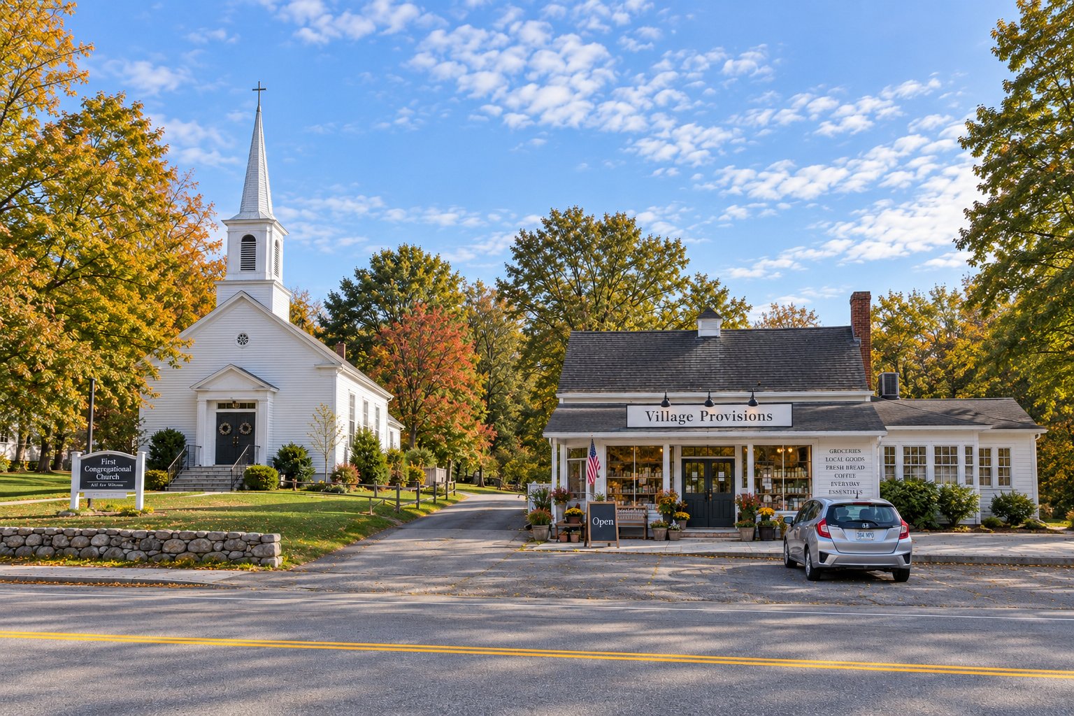 A whole church and village provisions storefront with useful shop signs, a complete parked car and connected drive.