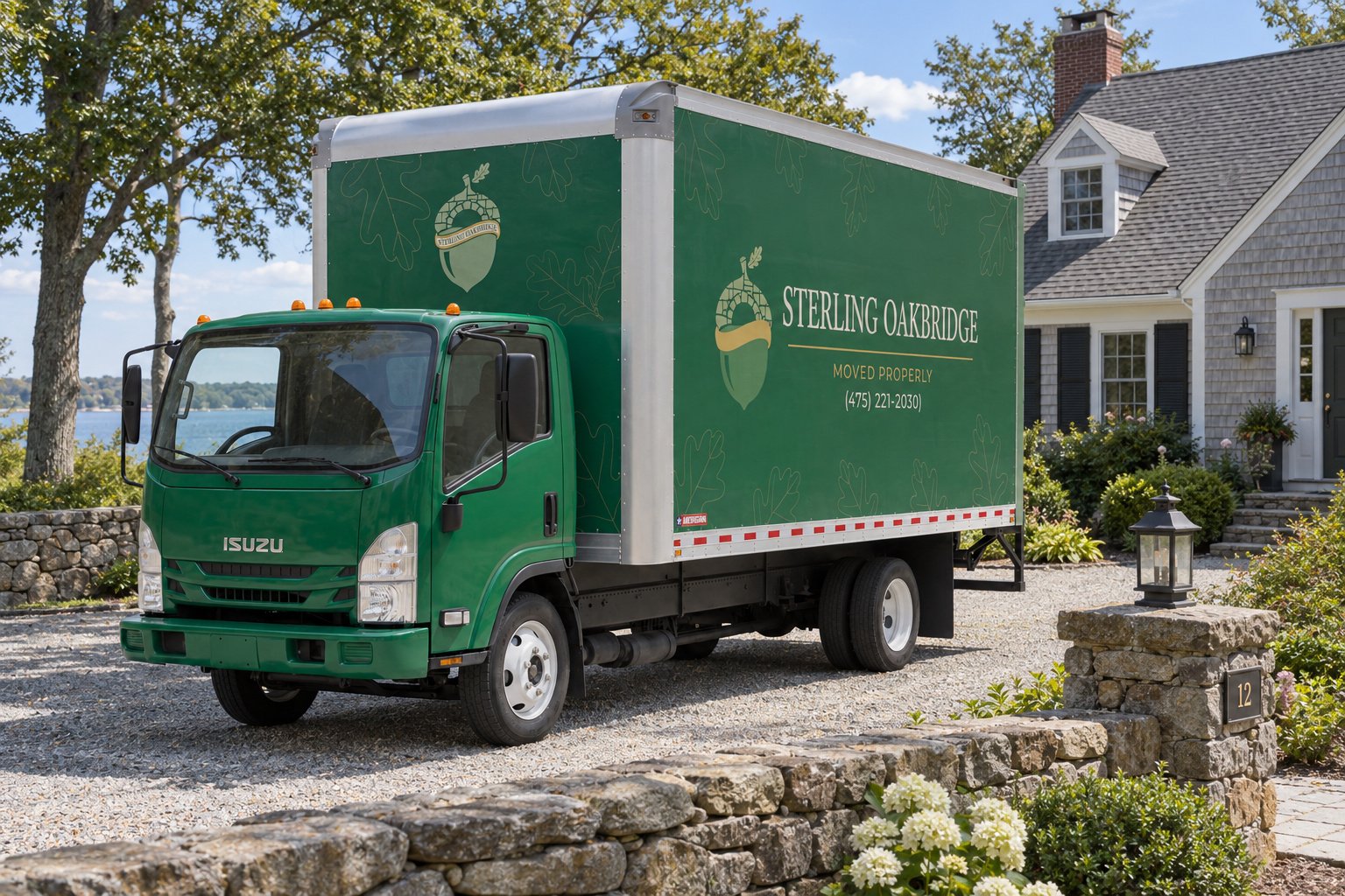 Confirm the truck position A complete green Sterling Oakbridge NPR16 truck seen from its front three-quarter side on a private gravel apron beside a stone wall.