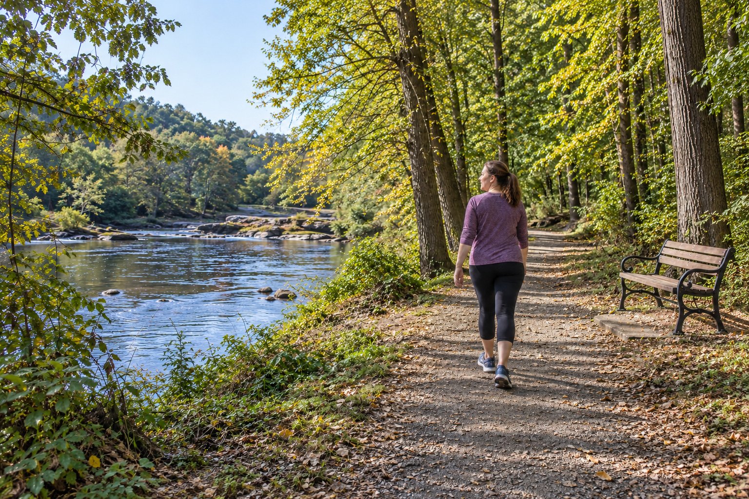 A whole casually dressed woman walks along a dry woodland river trail beside a complete bench in daylight.