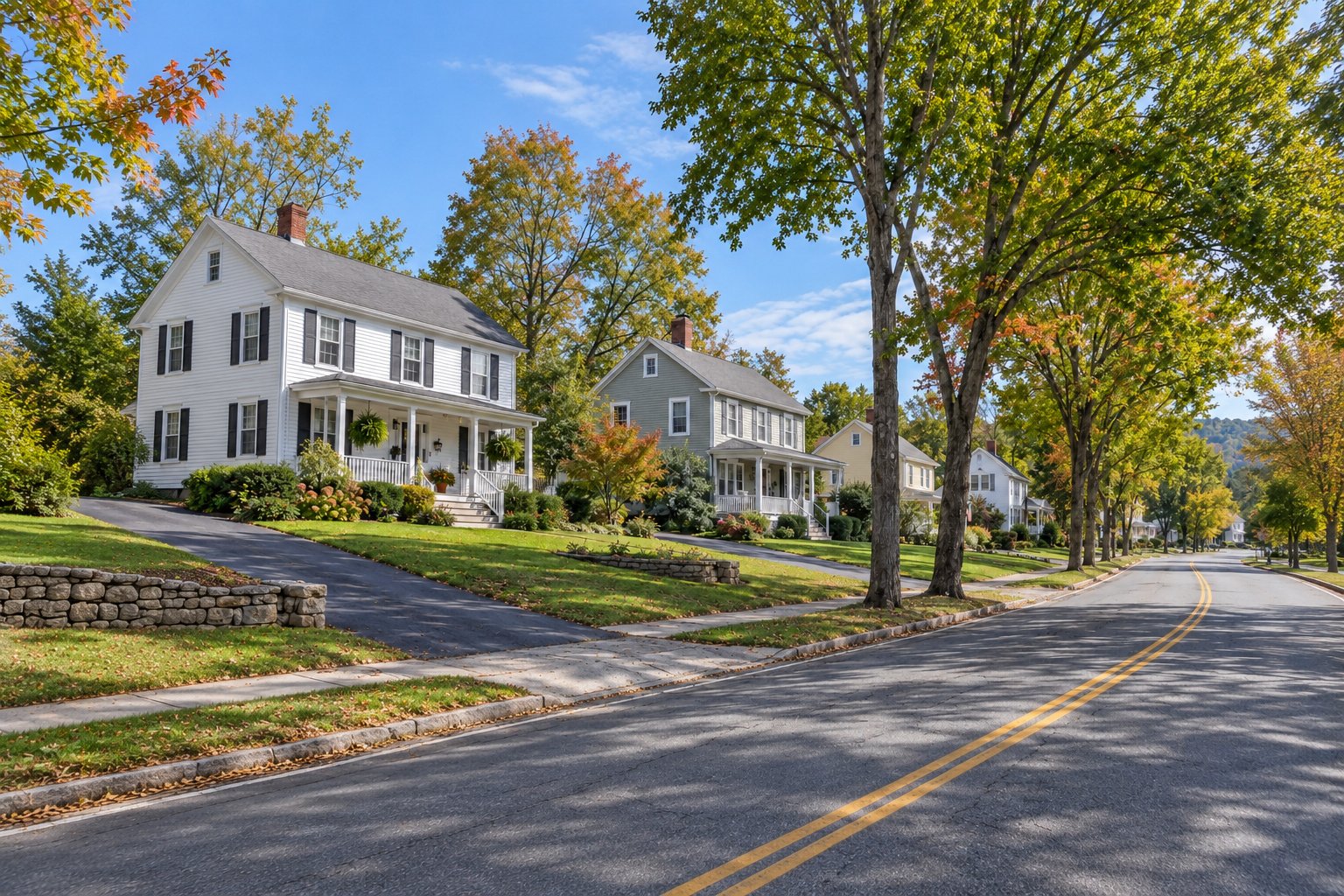 Inspect the property approach A whole white colonial and gray home with porches, planted approaches and connected driveways in daylight.