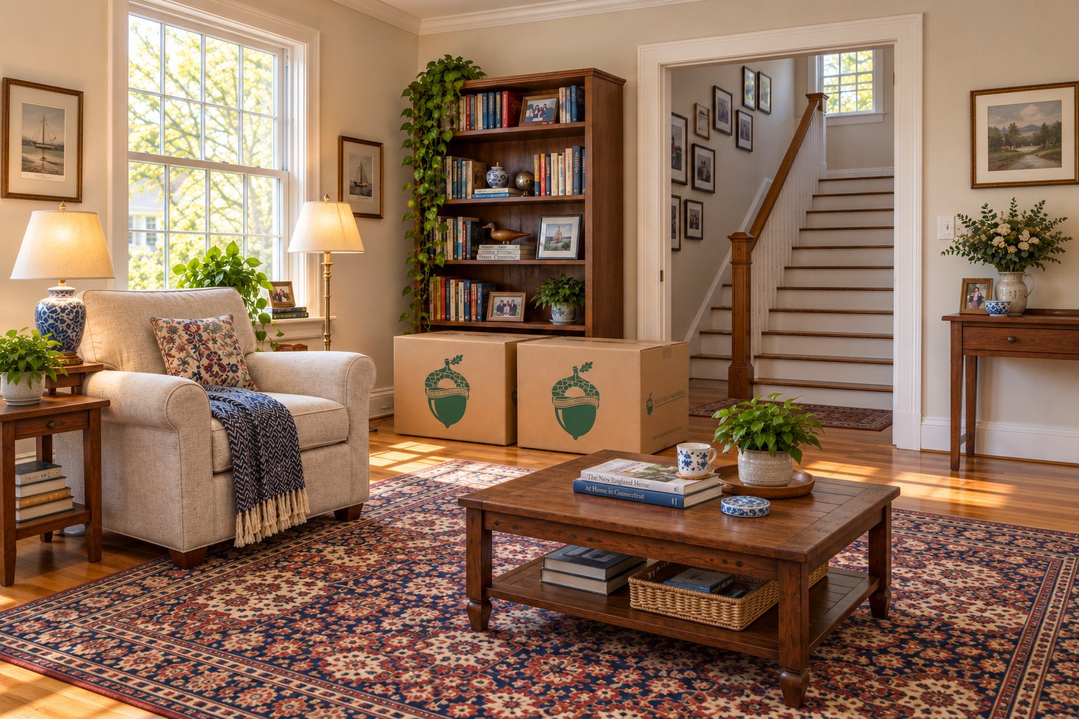 A furnished Cape reading room, complete staircase and upper landing, armchair, coffee table and two closed kraft book cartons.
