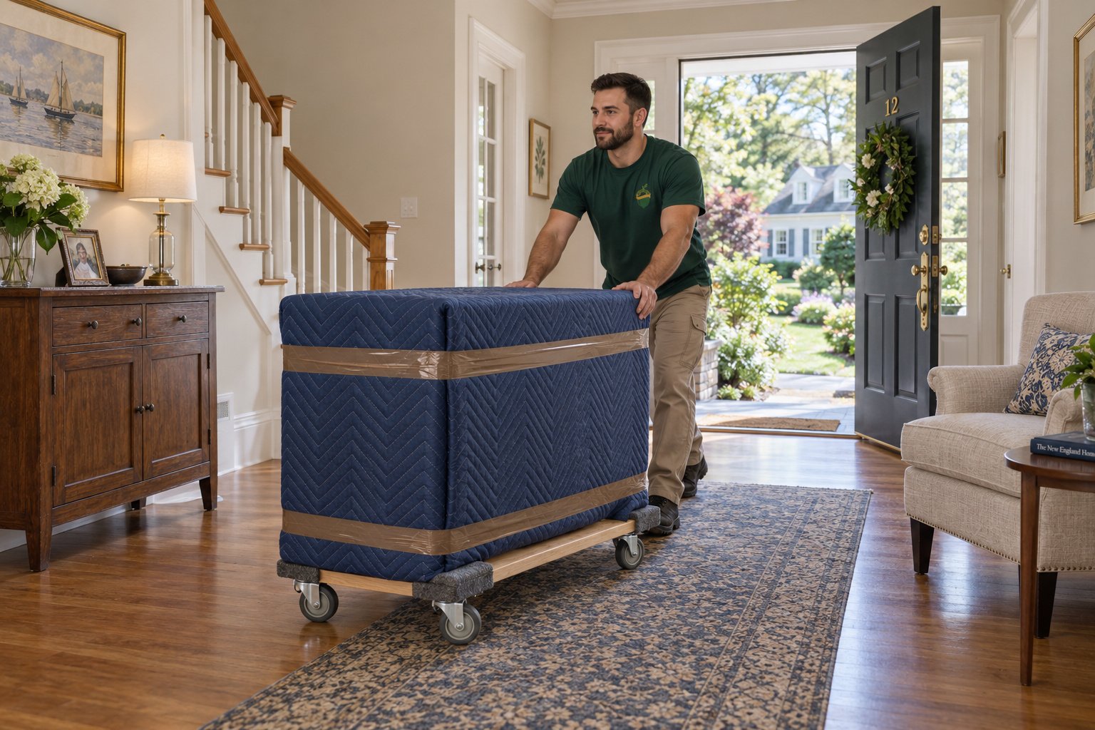Prepare furniture and the carry A whole male Sterling Oakbridge mover pushes opaque blanket-wrapped furniture on a compact carpet-ended wooden dolly along a level furnished Cape hallway near the entry.