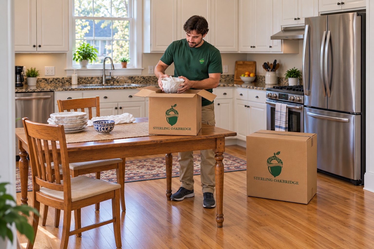 Prepare fragile packing A whole male packer lowers a paper-wrapped bowl into an open tall kraft dish carton beside a matching closed carton in a furnished kitchen.