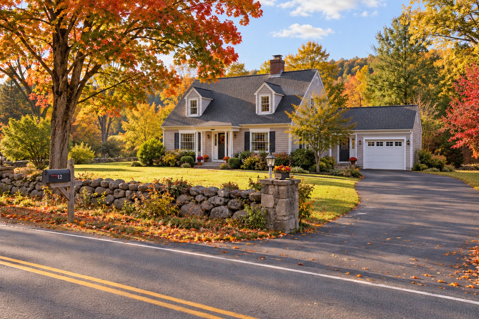 A complete Cape home and detached garage beside an empty connected driveway and stone wall in ordinary autumn daylight.