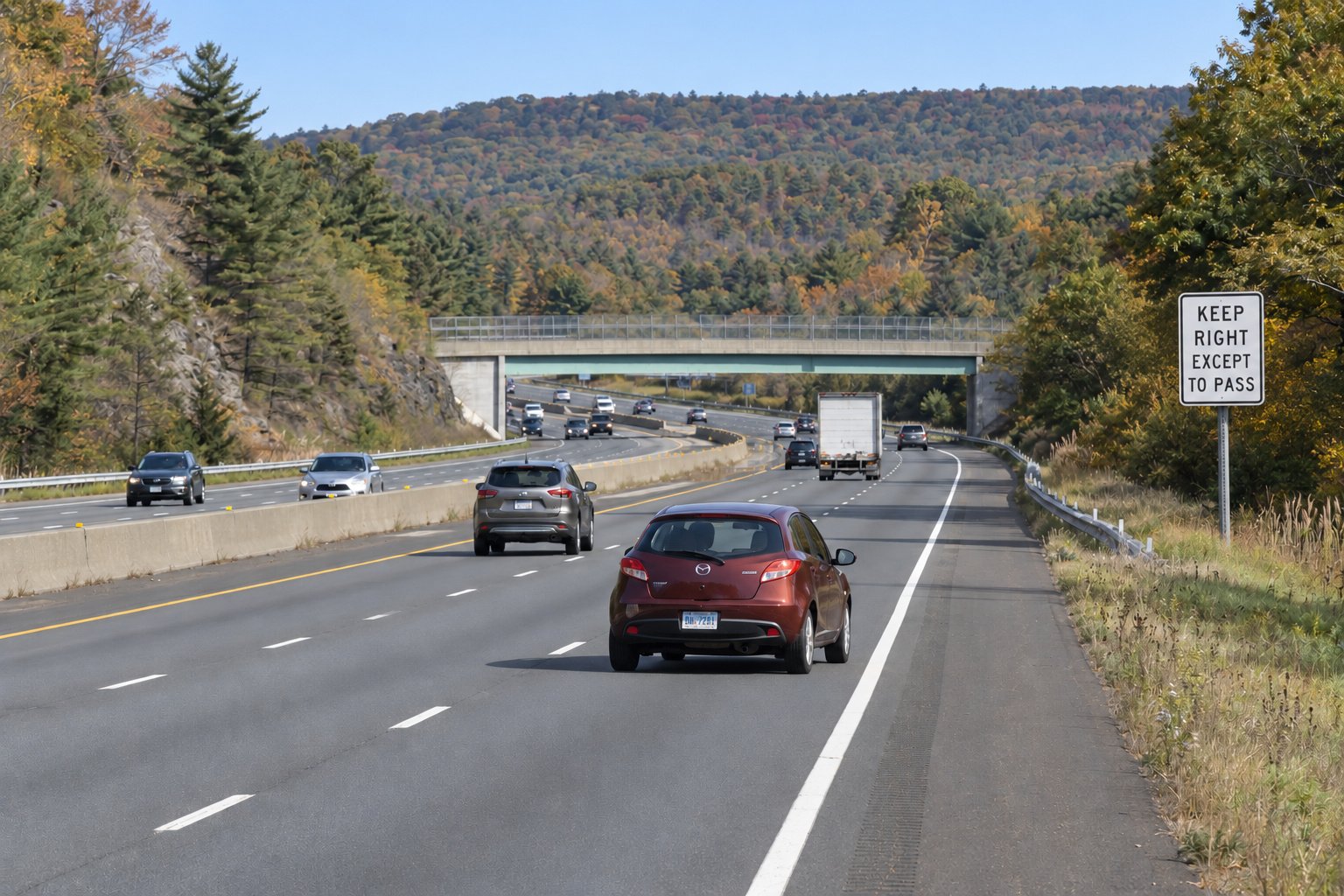 A complete red hatchback travels beside a bridge on a daylight divided highway with a useful keep-right sign.