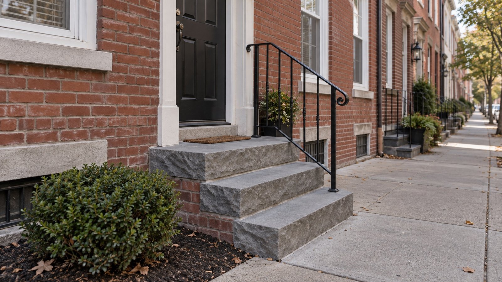 Three stone steps and an iron handrail at a brick rowhouse entrance