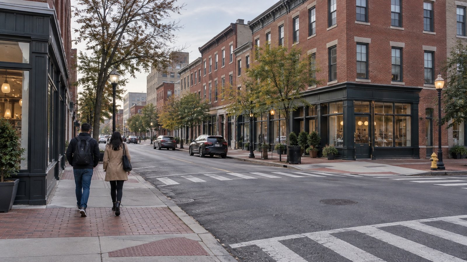 Two pedestrians walking beside brick buildings and a street crossing