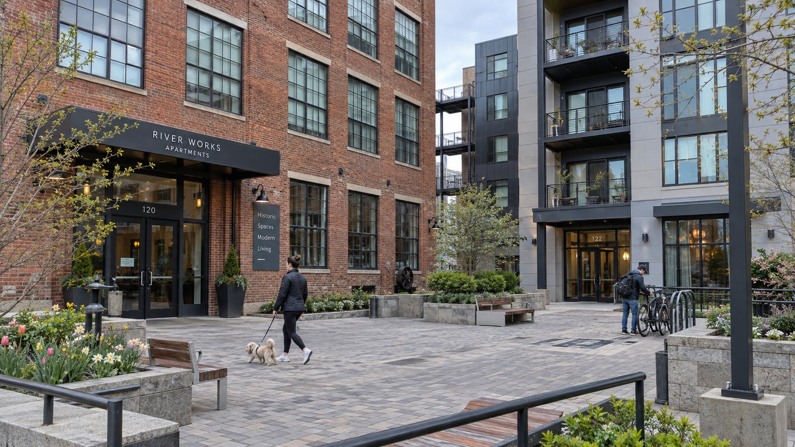 Dog walker and cyclist in a courtyard between a converted brick industrial building and newer apartments