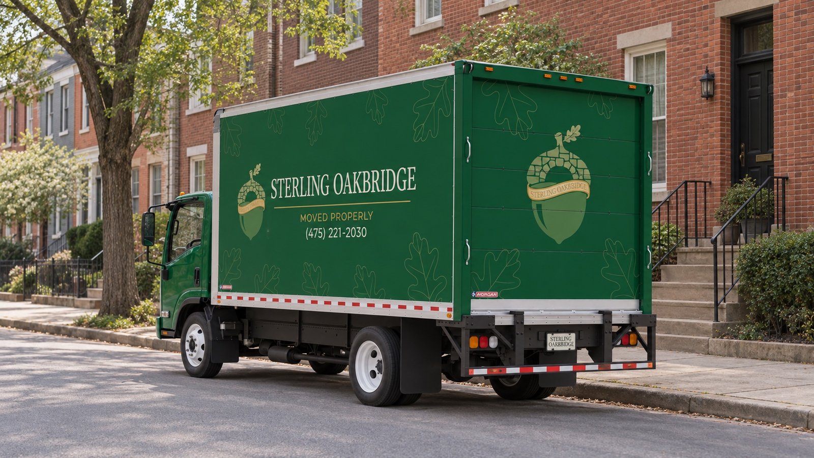 Dark green Sterling Oakbridge truck parked at a brick residential block