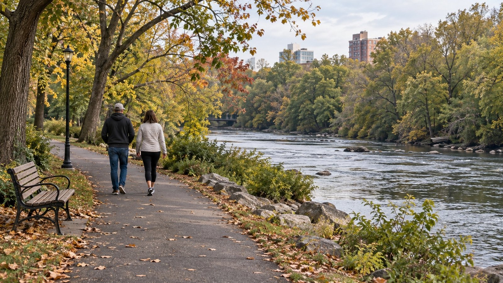 Two people walking along a paved path beside a river and autumn trees