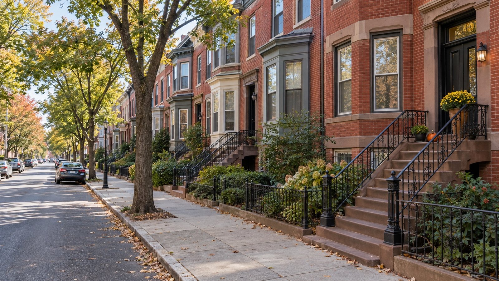 Brick rowhouses, stone stoops and iron railings along a tree-lined street