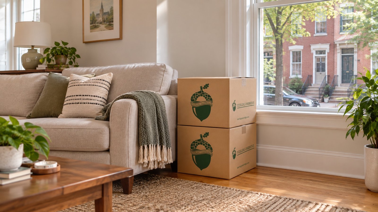 Two closed branded kraft cartons beside a sofa and a bright window
