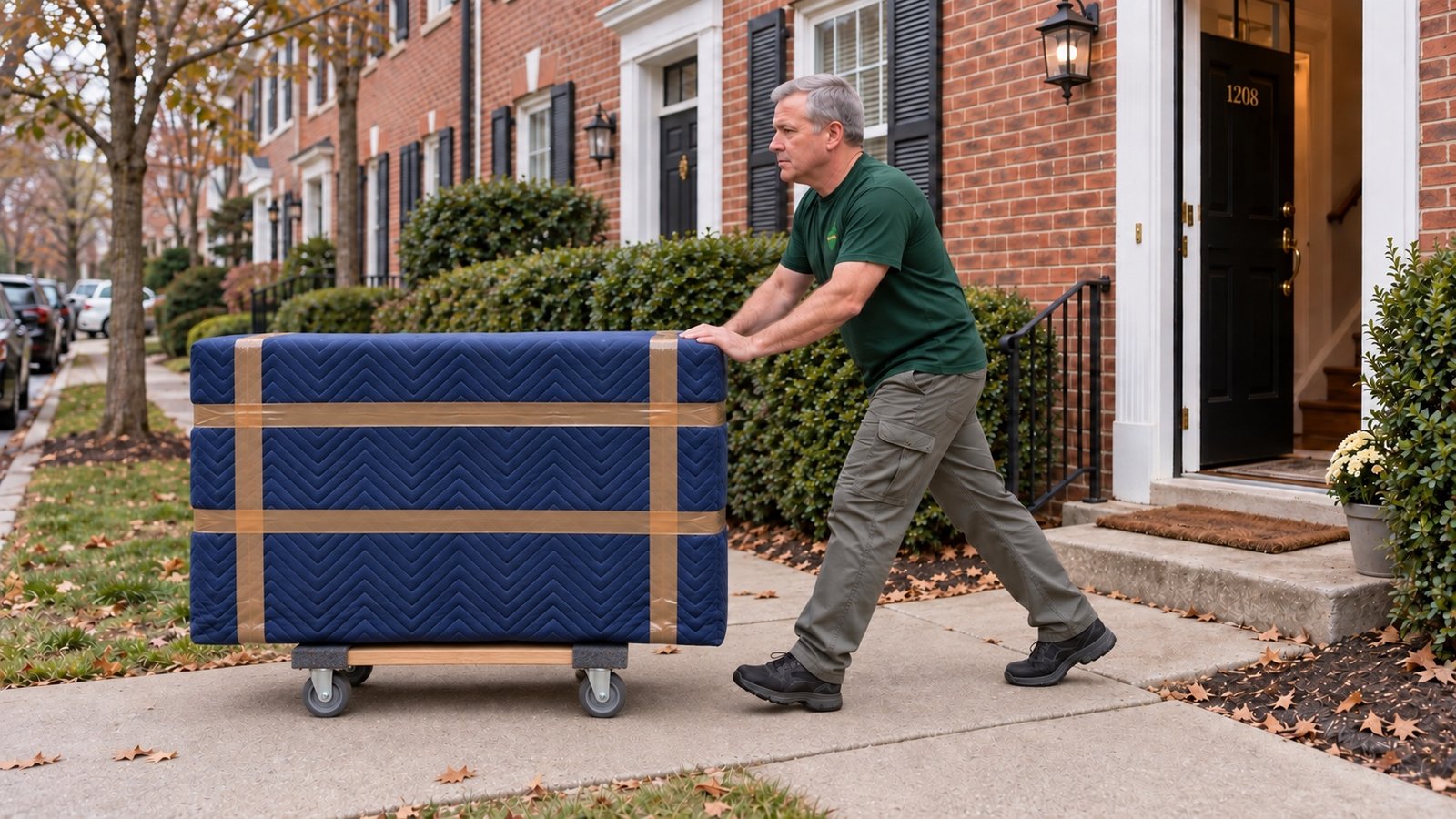 Mover rolling a wrapped dresser on a compact centered wooden dolly with gray casters and overhang at both ends