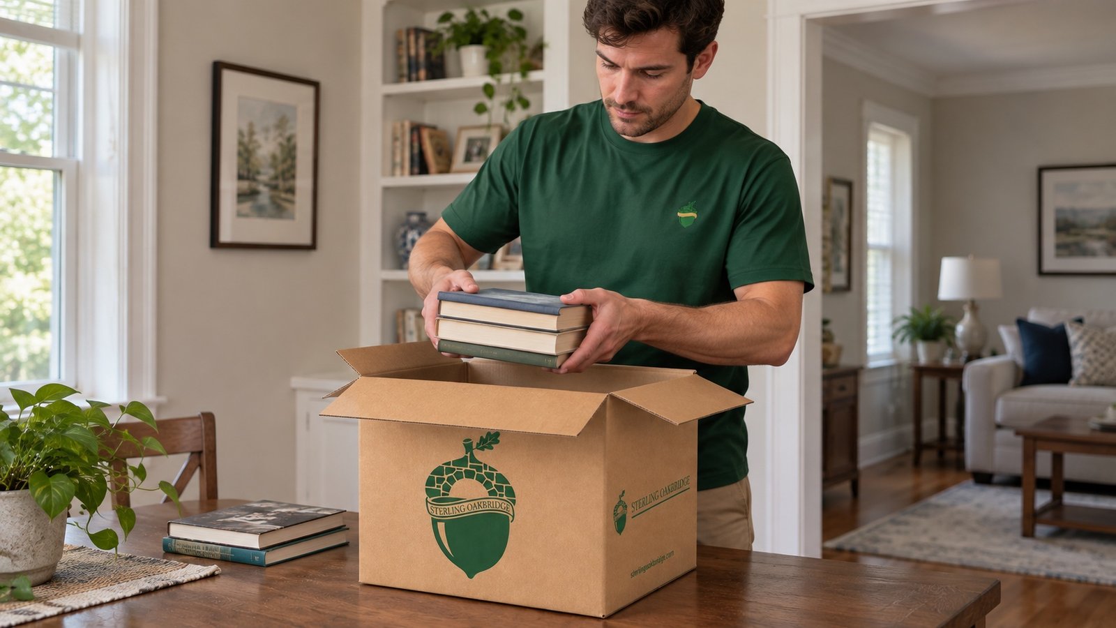 Mover in a green crewneck lowering three books into a compact kraft carton