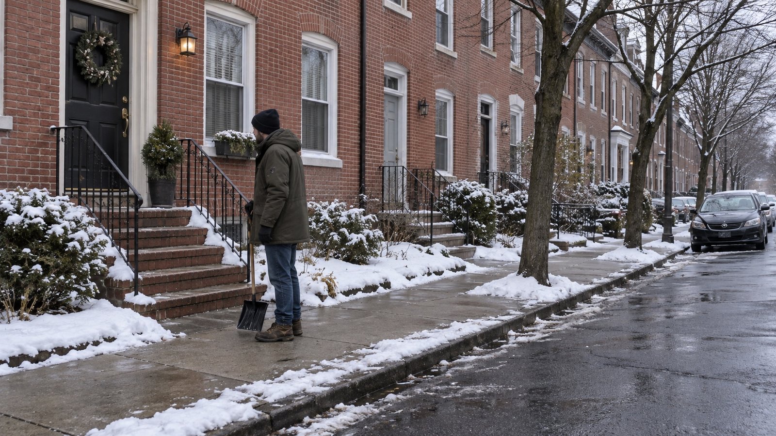 Resident with a shovel beside brick steps and a mostly cleared winter sidewalk