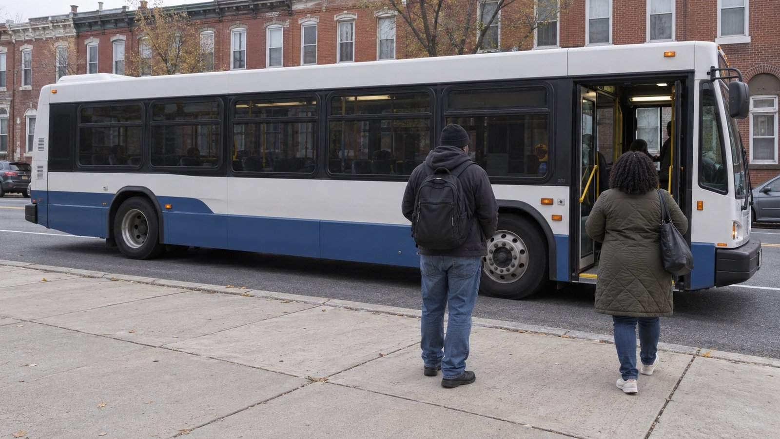 Two passengers on a sidewalk facing the open boarding door of a bus