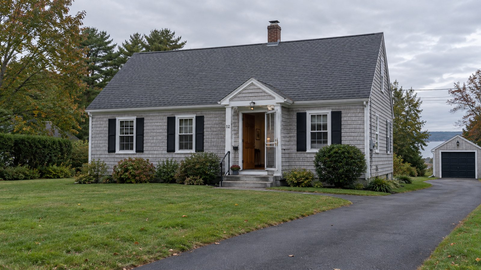 The continuous path into the home A whole modest cape house with an open wood door, open storm door, covered entrance and two shallow steps.