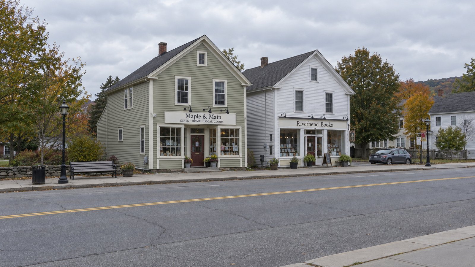 Two complete clapboard village shop buildings, a sidewalk bench and a parked compact car.