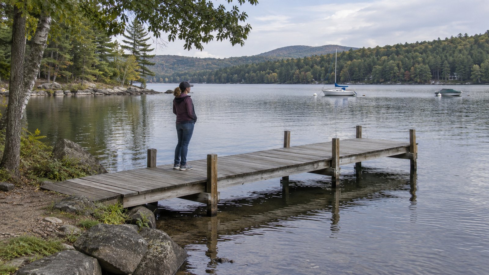A woman standing on a complete wooden dock beside a calm lake with two distant moored boats.
