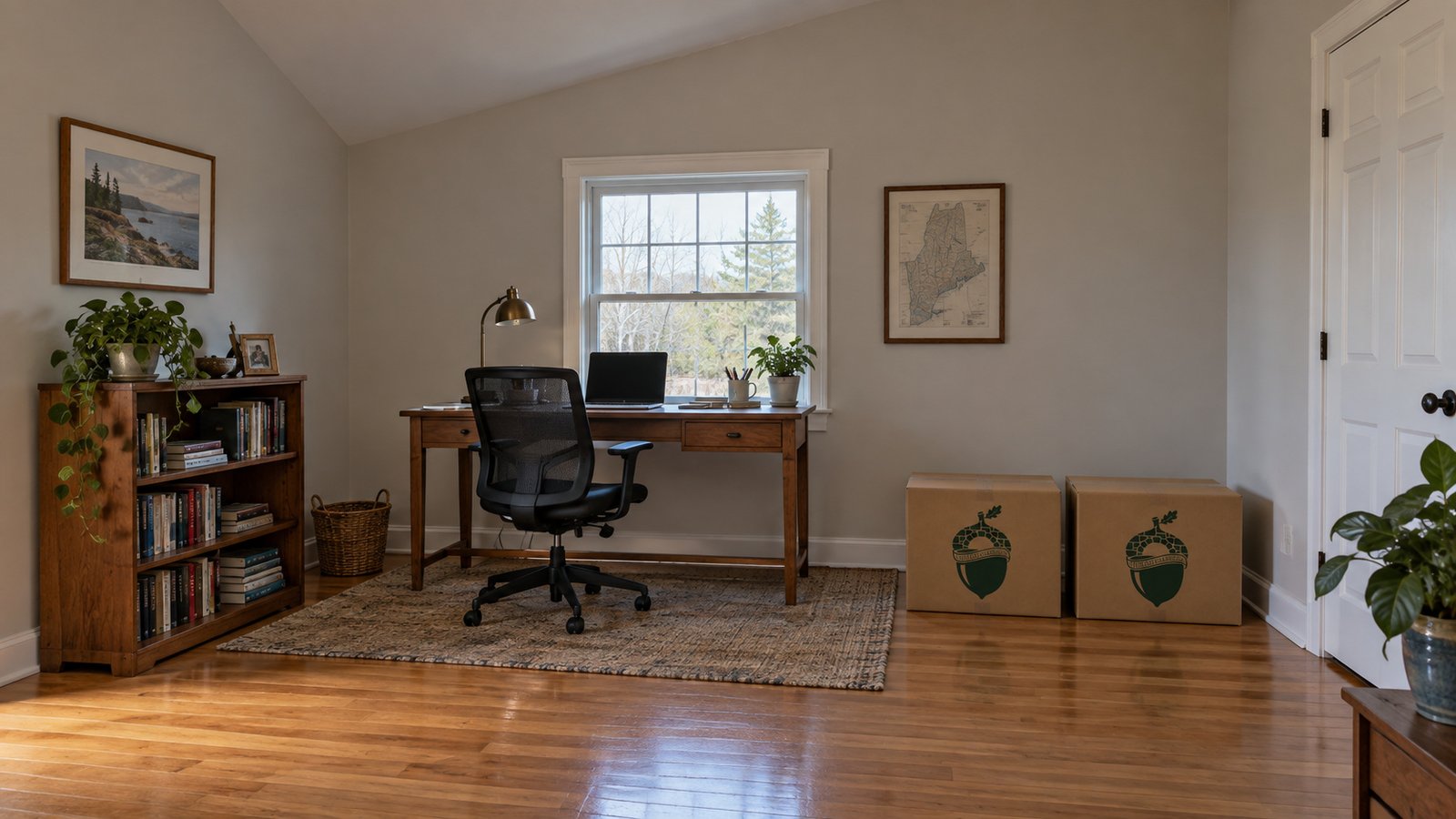 A complete desk, office chair and low bookcase beside two separate small branded book cartons.