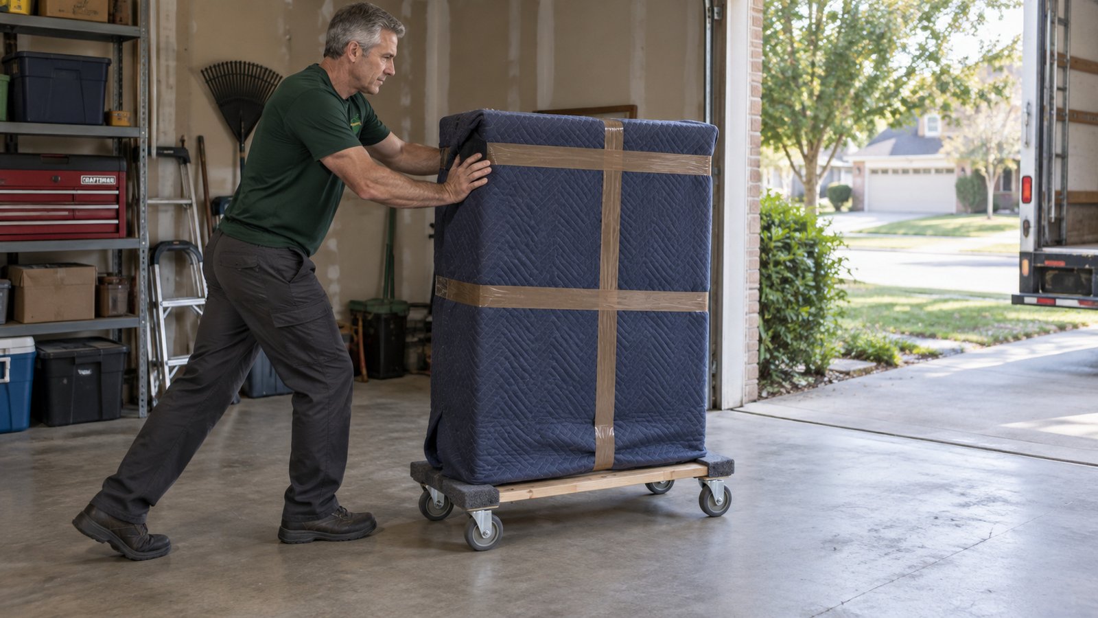 Handling on a level route An adult male mover rolling a blanket-wrapped dresser secured with brown packing tape on a wooden furniture dolly across a level garage floor.