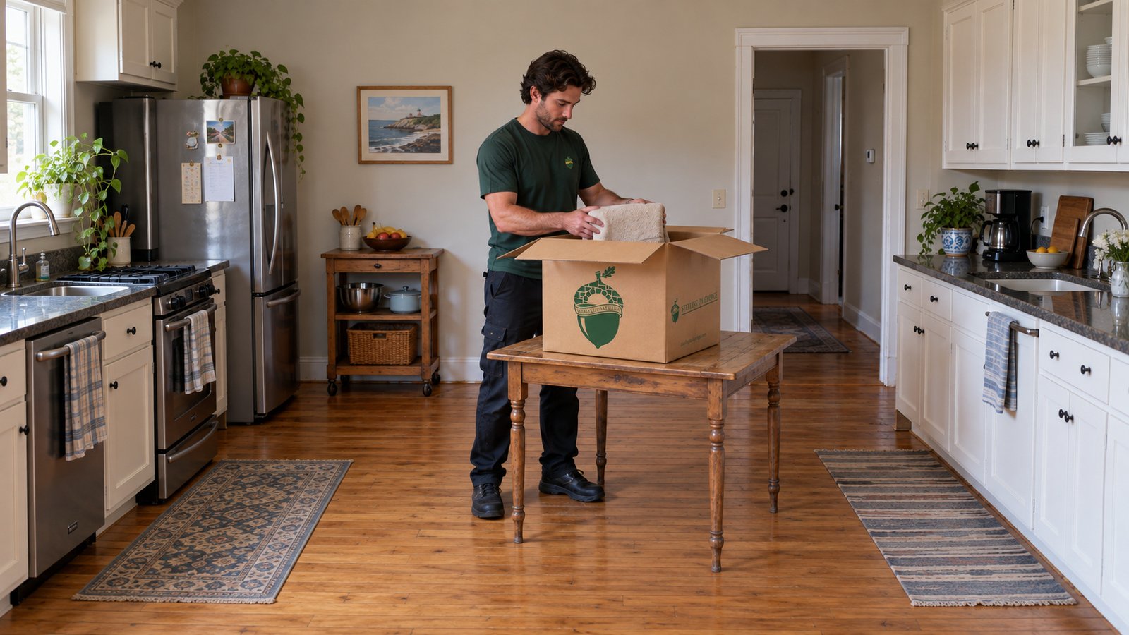 One defined packing task An adult male mover in a green company shirt lowering a folded towel into a Medium linen carton on a complete small table.
