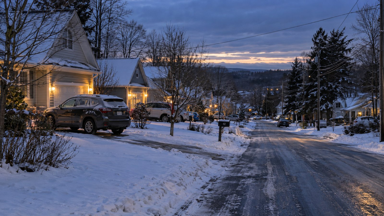 A residential street at winter dusk with snow at its edges and vehicles in private driveways.