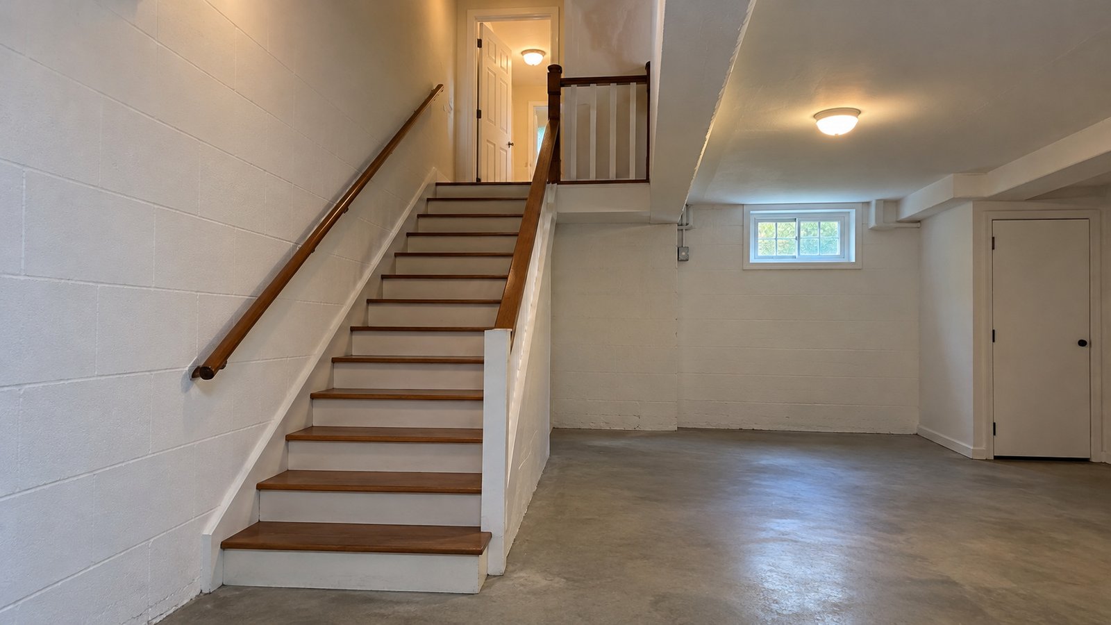 Include the full basement stair A whole straight wooden basement stair rising from a clear concrete floor to a guarded upper landing and an open house doorway.