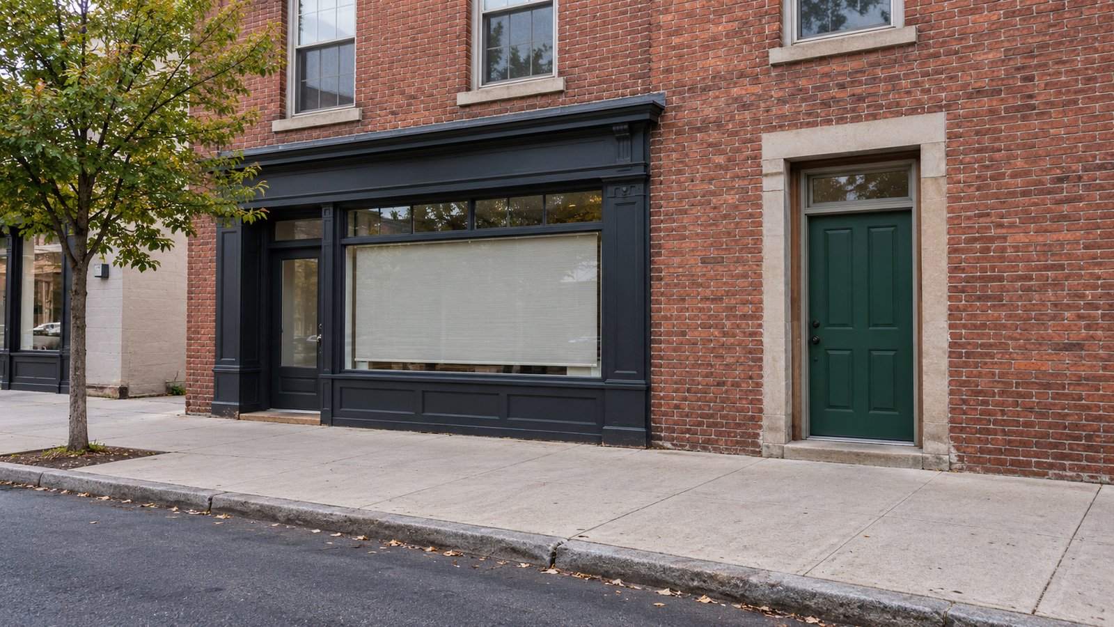 Distinguish the entrances and shared public path A brick mixed-use frontage with a recessed shopfront, separate green residential door, continuous public sidewalk and street curb.