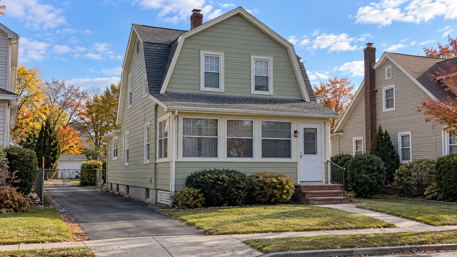 Review the house and enclosed-porch approach A complete sage-sided gambrel-roof house with an enclosed front porch, short entrance steps, front walk, public sidewalk and separate narrow driveway.
