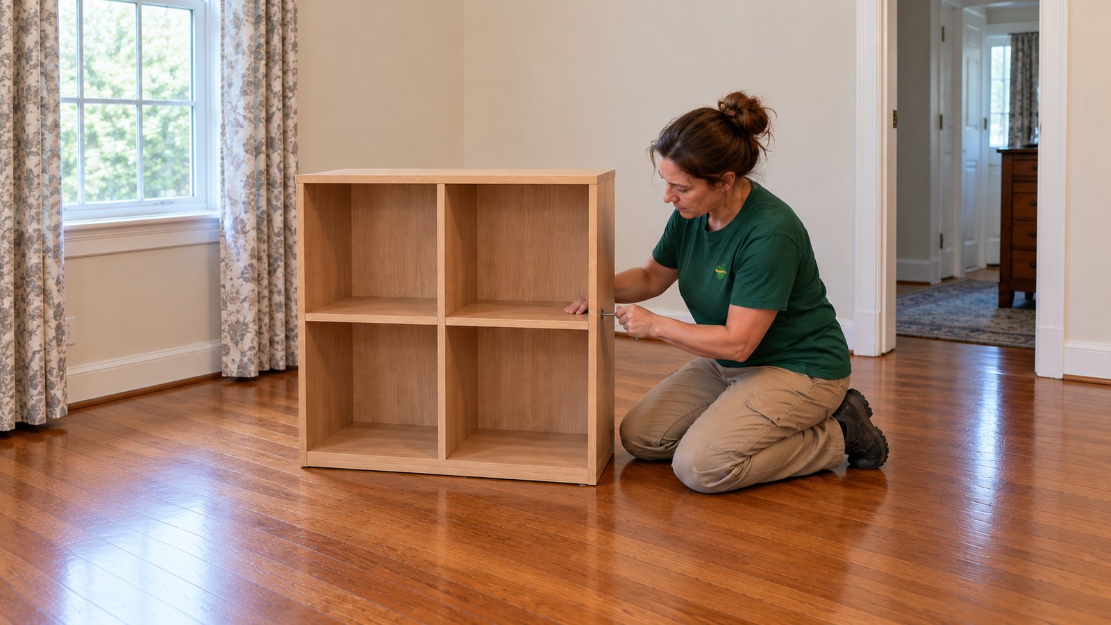 Finish the ordinary bookcase joint in its receiving position A woman in a dark-green acorn-emblem shirt kneeling beside a complete wooden four-compartment bookcase and using a small hex key at its outer side joint.