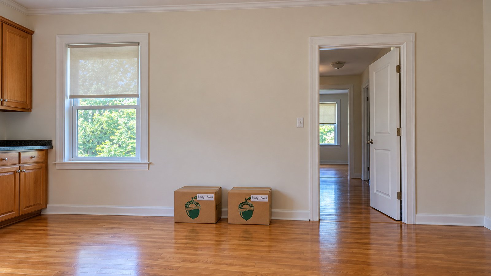 Keep the book group distinct from the passage Two small closed kraft book cartons with green acorn artwork and Study - Books labels resting separately beside a complete open apartment doorway.