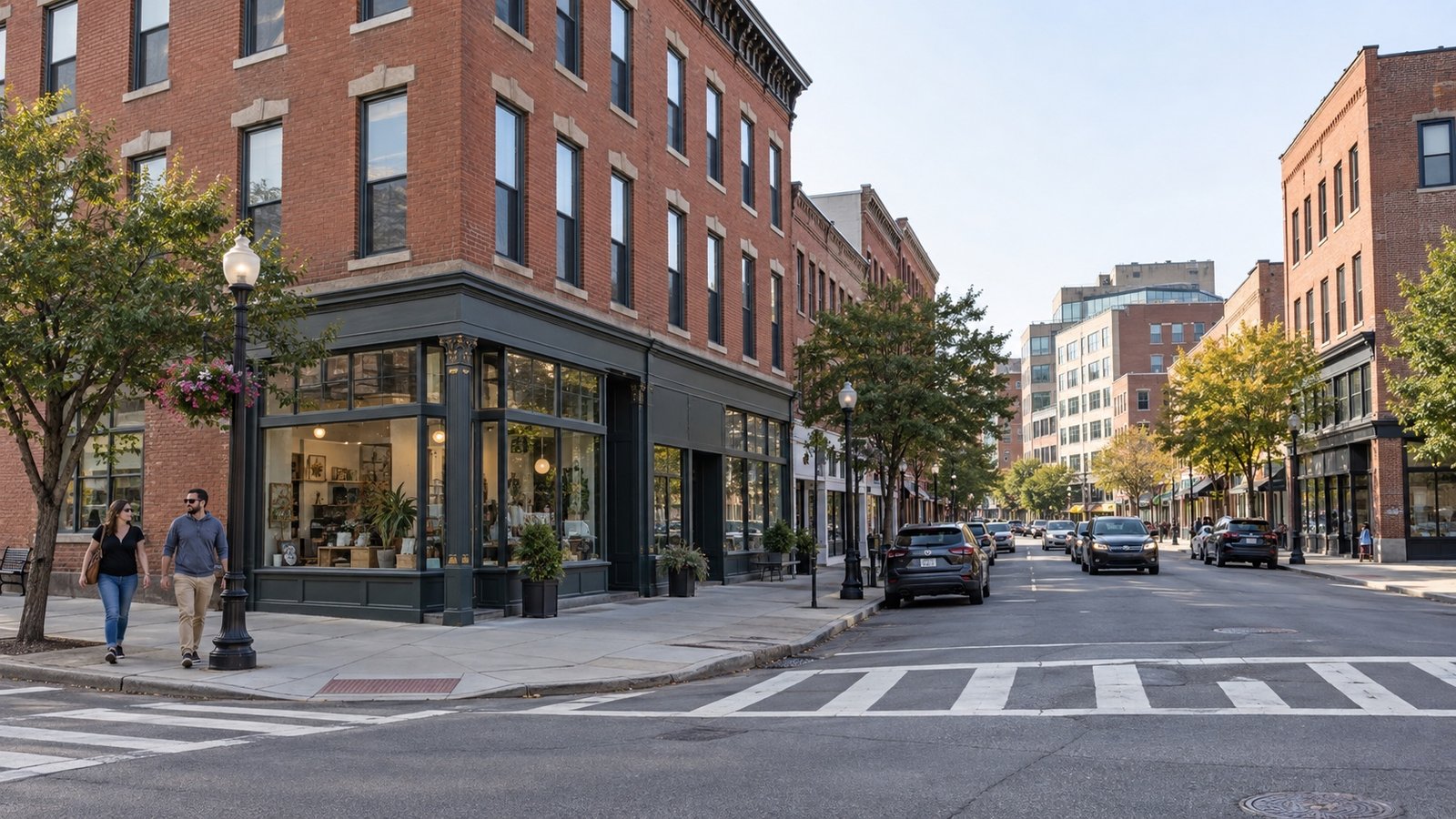 People walking beside brick storefront buildings and a marked crosswalk