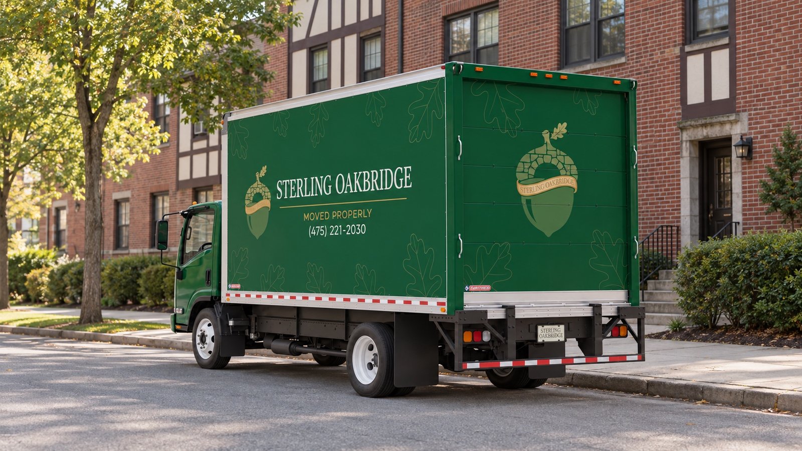 Green Sterling Oakbridge truck parked beside a residential curb with rear door closed