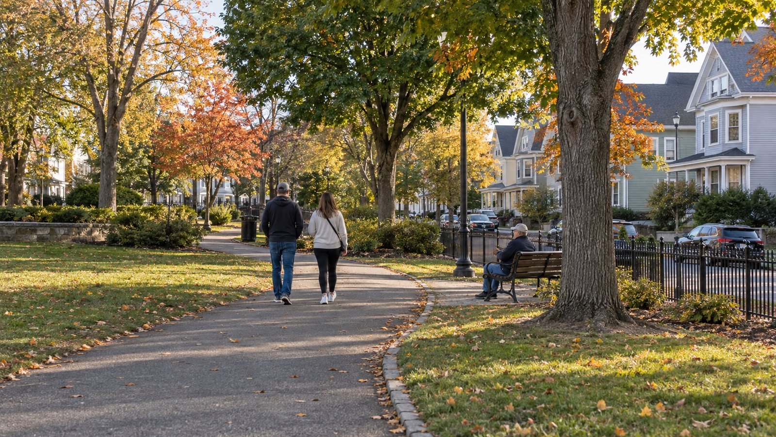 Walkers and a seated visitor beside a paved park path under autumn trees
