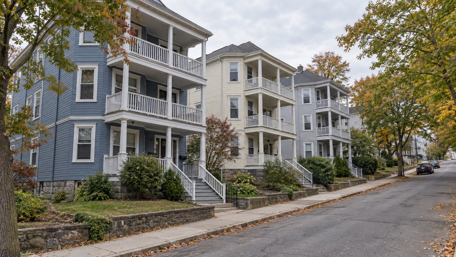 Timber triple-decker homes with stacked porches along a gently rising street