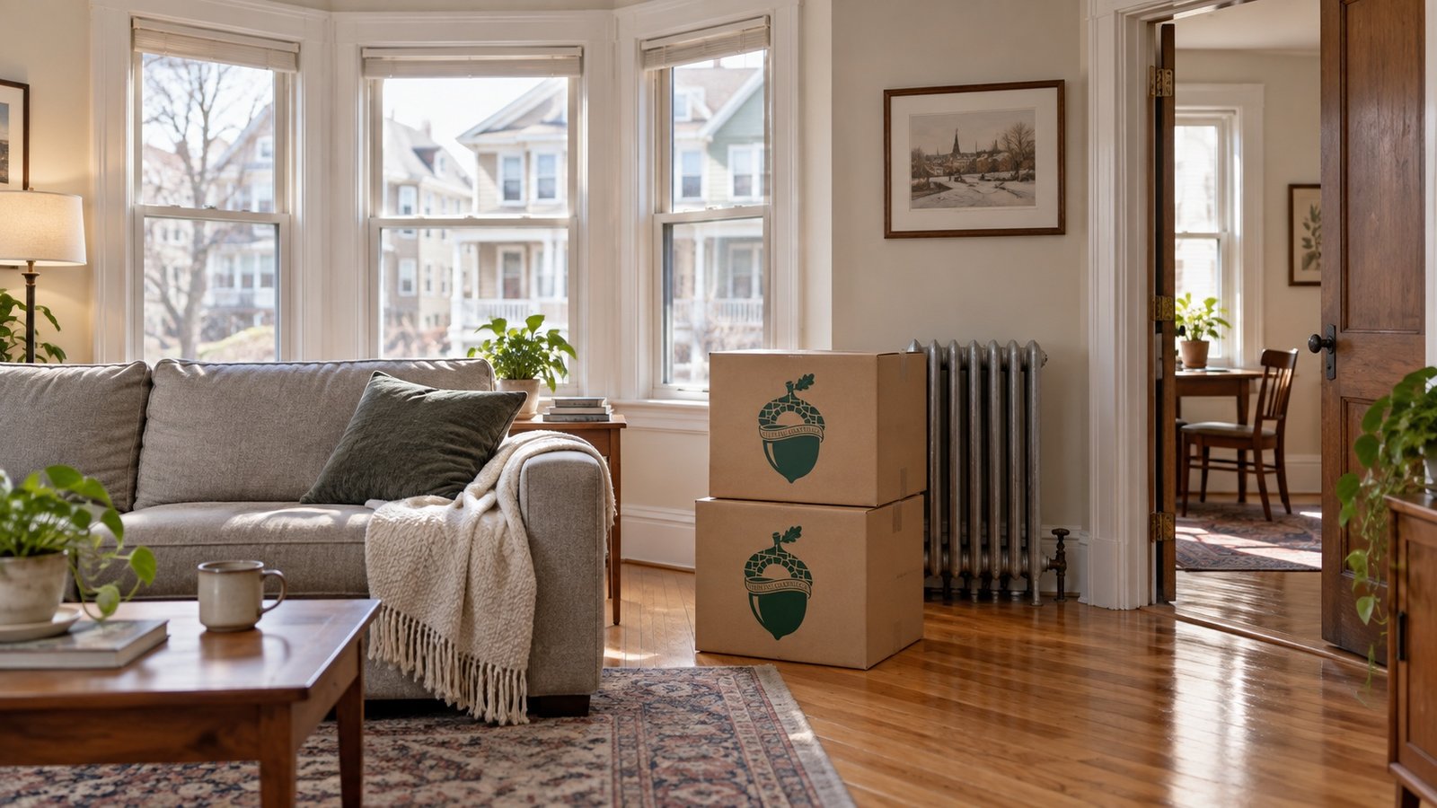 Two closed kraft cartons beside a sofa and radiator in a bay-window room