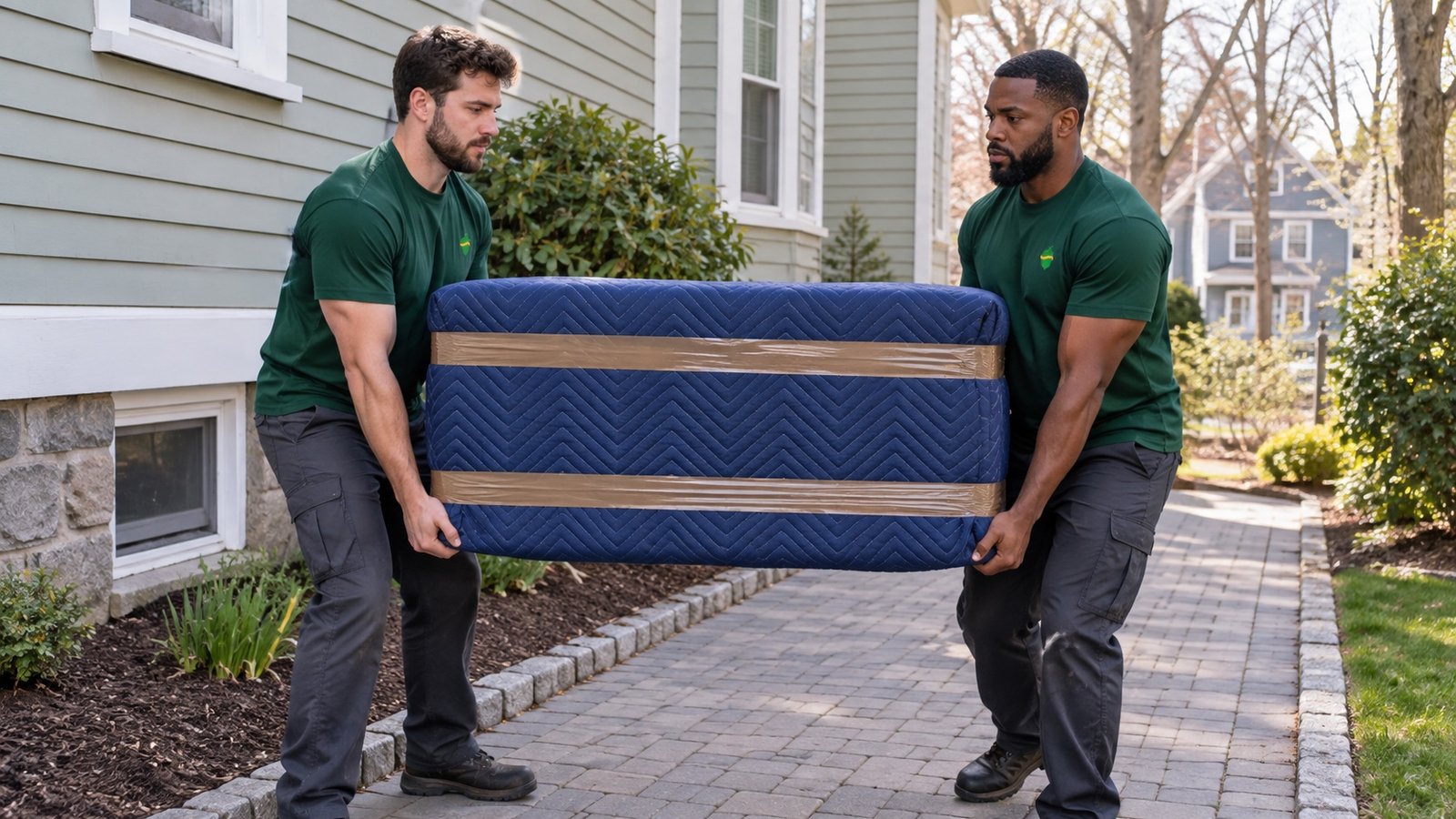 Two movers carrying furniture fully covered by navy blankets and brown packing tape