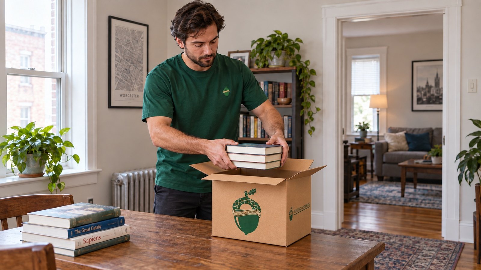 Mover lowering three books into a compact open kraft carton on a table