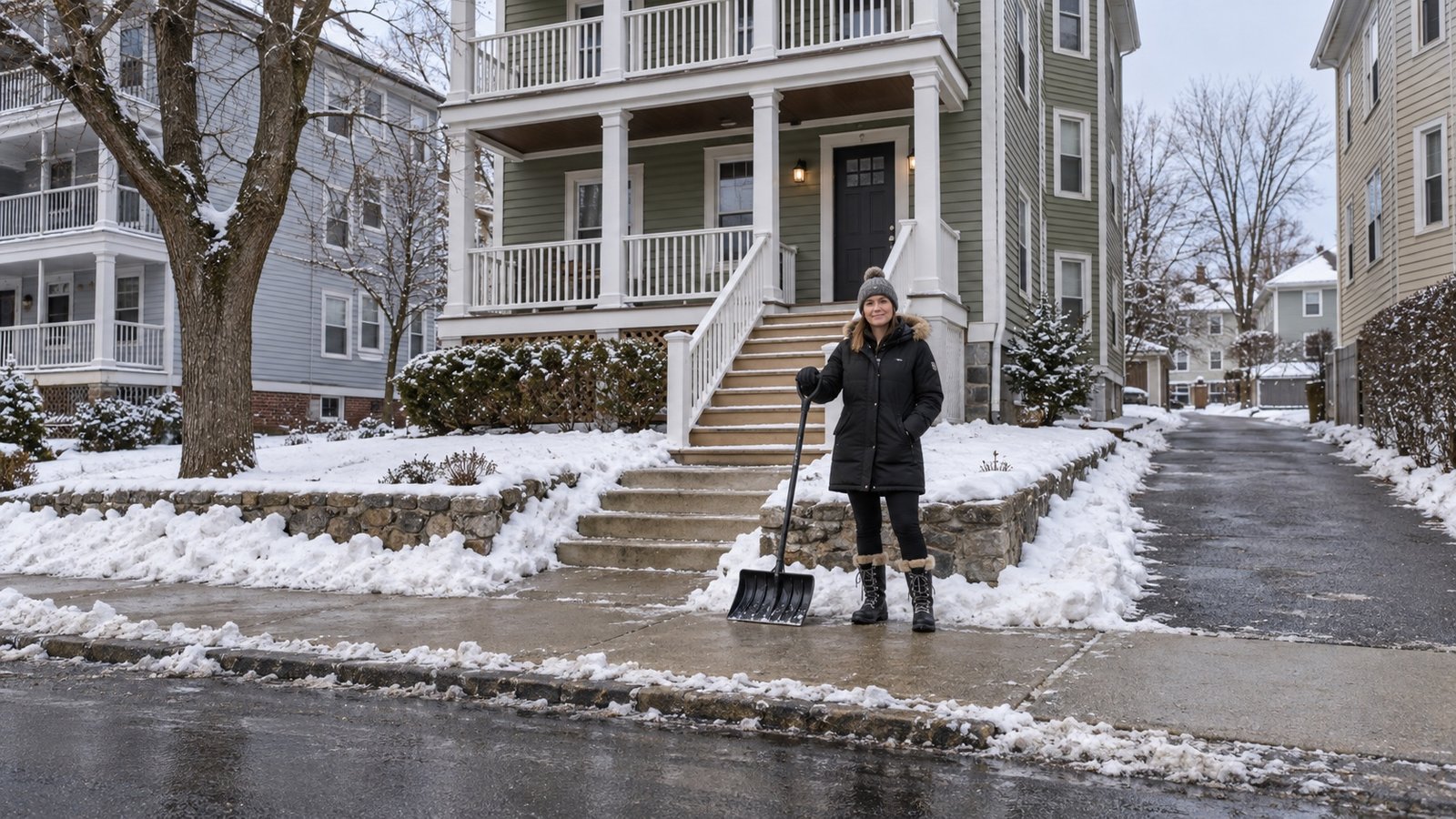 Resident with a shovel beside a cleared sidewalk and porch approach after snow