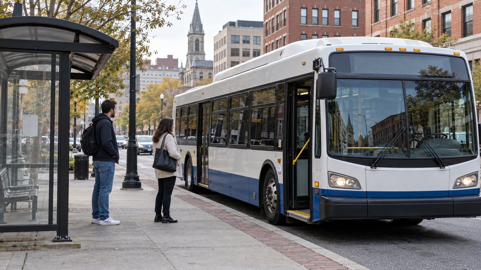 White and blue bus beside a sidewalk shelter with two waiting adults