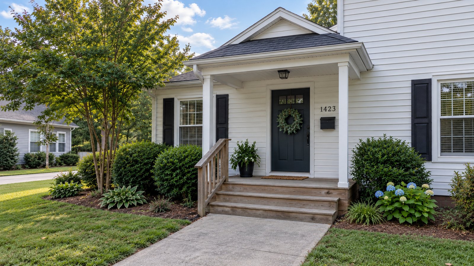 Three broad wooden steps, attached rail and a covered porch at a white-sided home