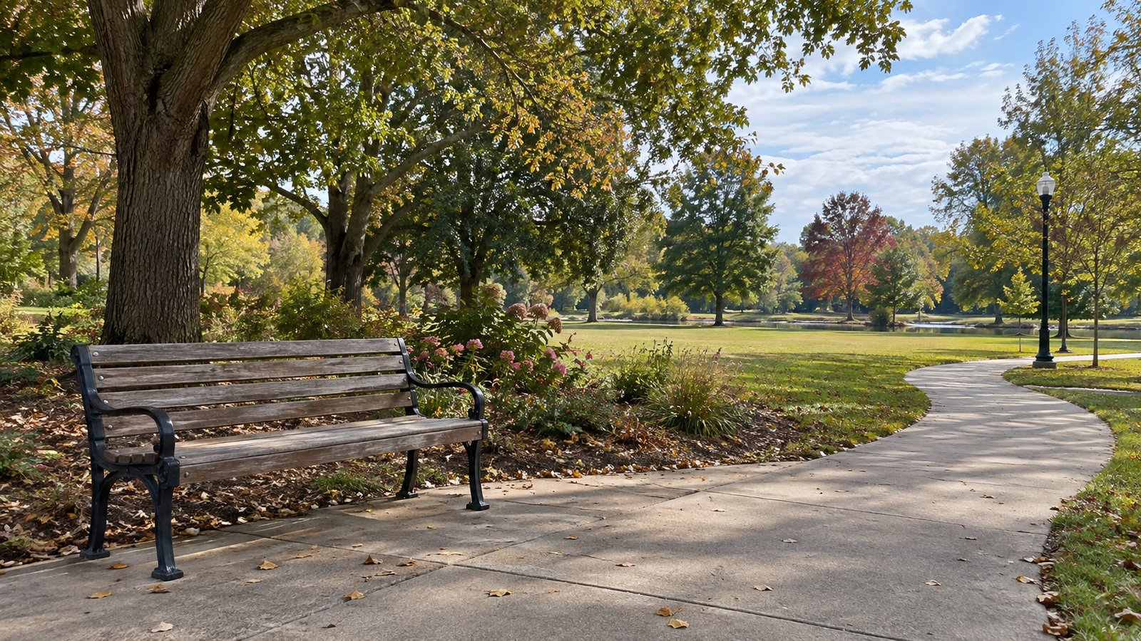 Whole wooden park bench beside a curving paved path, mature trees and an open lawn