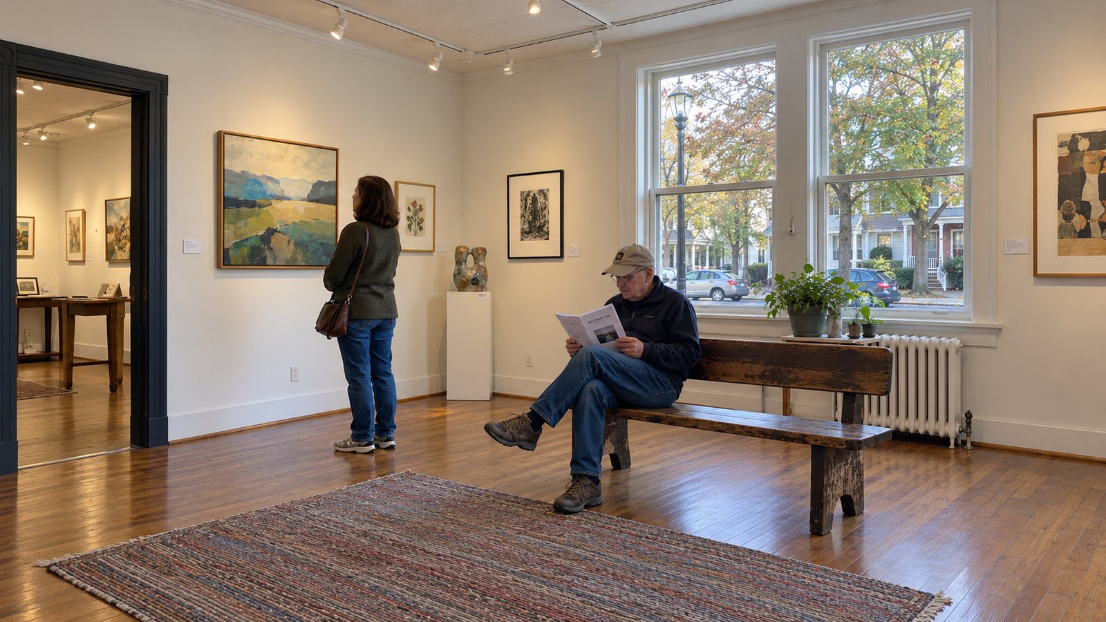 Woman standing to view abstract art while a seated man reads a leaflet in a community art room